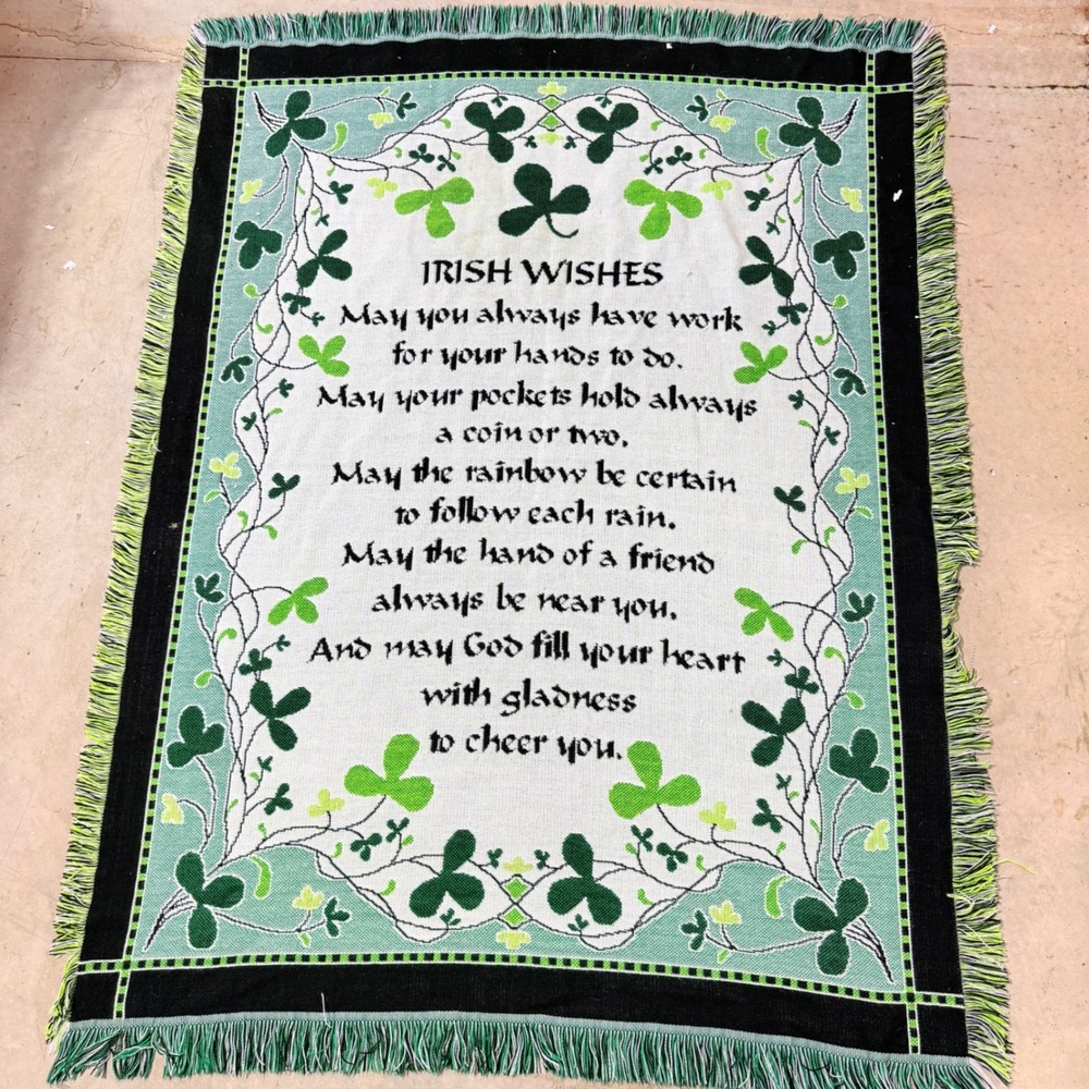 Irish Wishes Blessing Woven Throw Blanket Shamrock Green Fringed 46x60